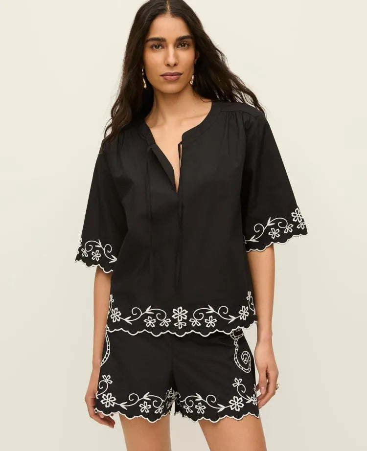 Petite Embroidered V-Neck Blouse