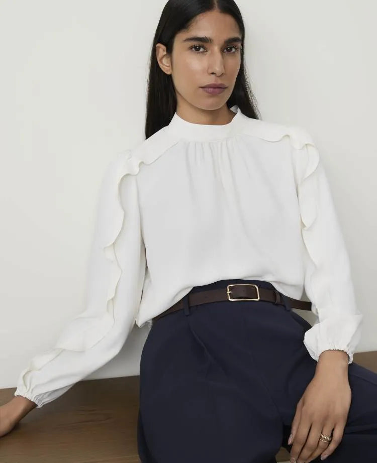 Mock Neck Ruffle Trim Blouse
