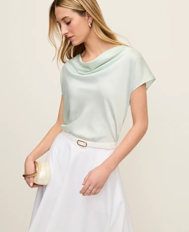 Short Sleeve Cowl Neck Top in Satin