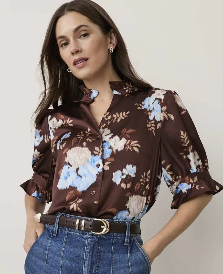 Floral Ruffle Collar Shirt