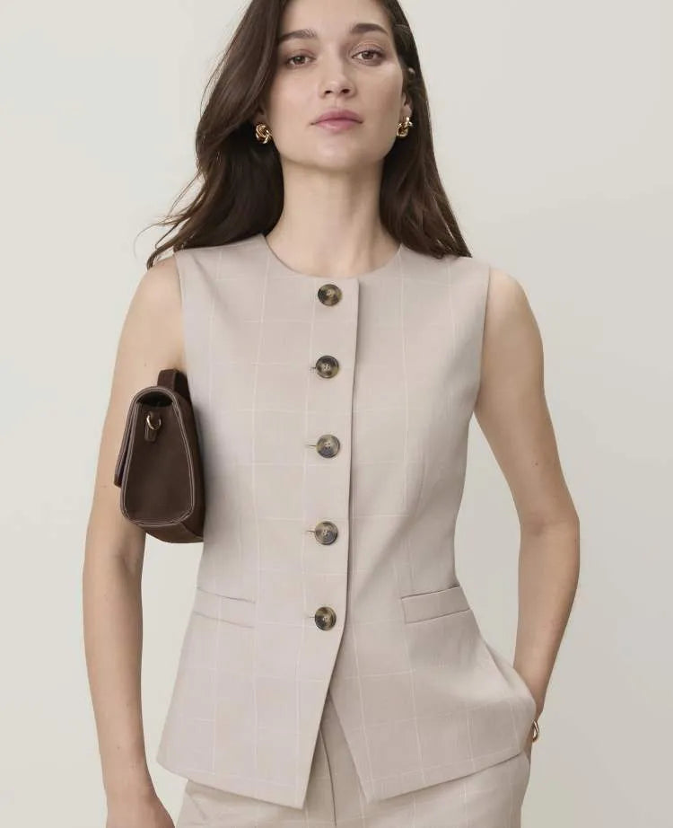 The Petite Windowpane Long Crew Neck Vest in Classic Canvas