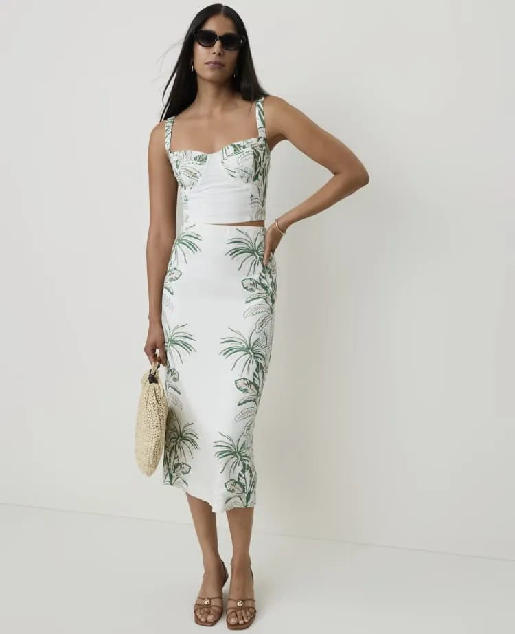 Palm Print Column Midi Skirt in Linen Blend