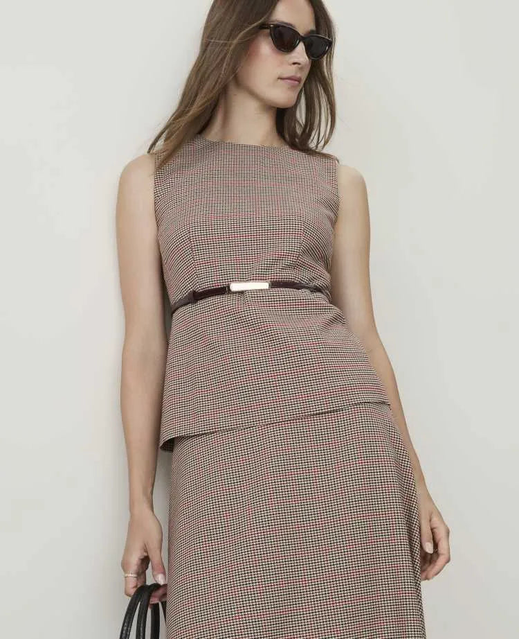 Petite Houndstooth Crew Neck Peplum Top