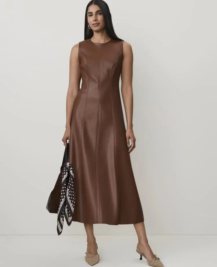 Flare Midi Dress in Faux Leather