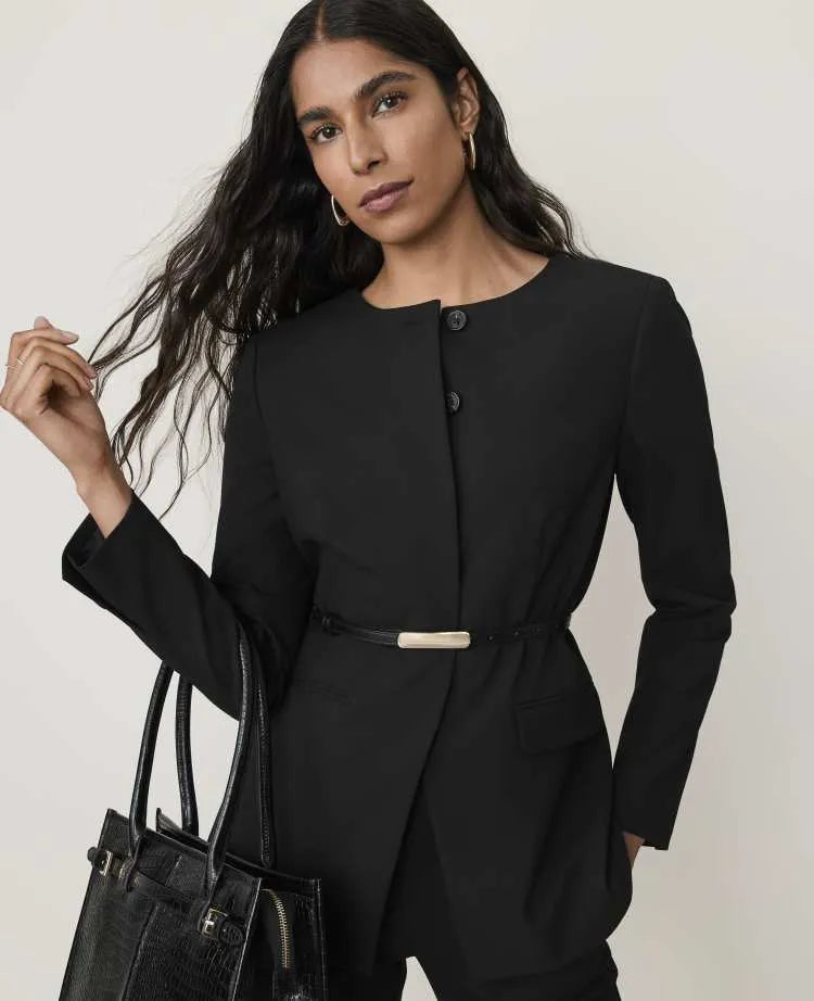 Petite Belted Split Hem Jacket in Seasonless Stretch