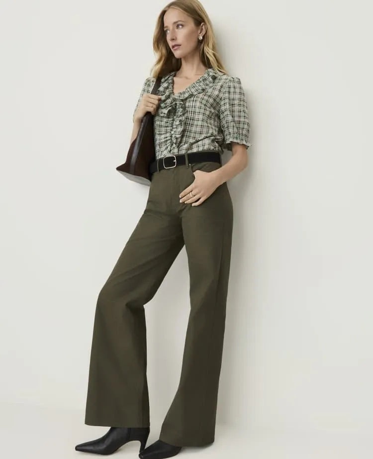 Weekend Plaid Ruffle Trim Blouse