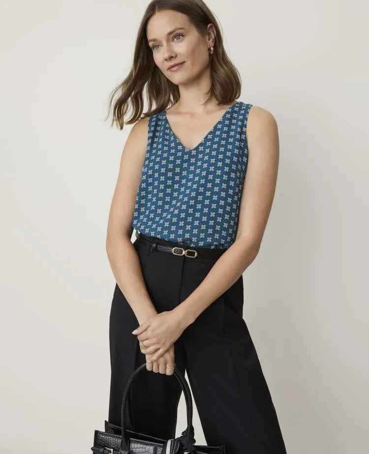 Petite Floral Mixed Media V-Neck Shell