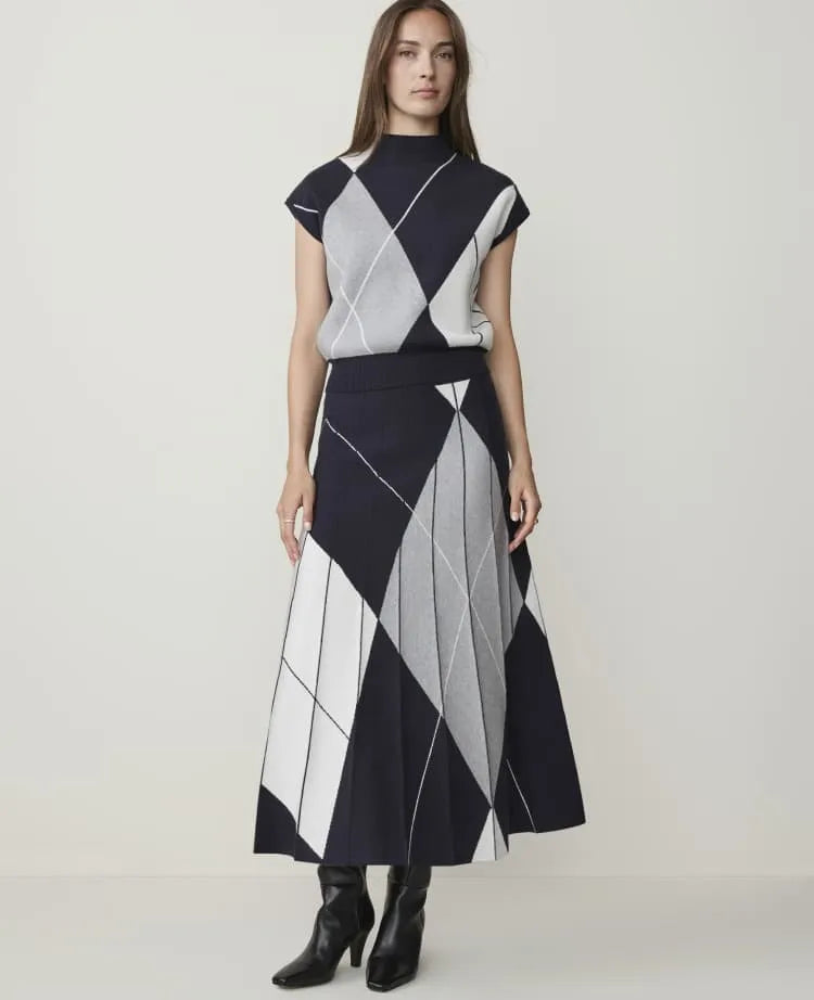 Pleated Argyle Jacquard Sweater Skirt