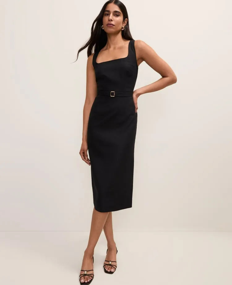 Belted Column Midi Dress in Linen Blend