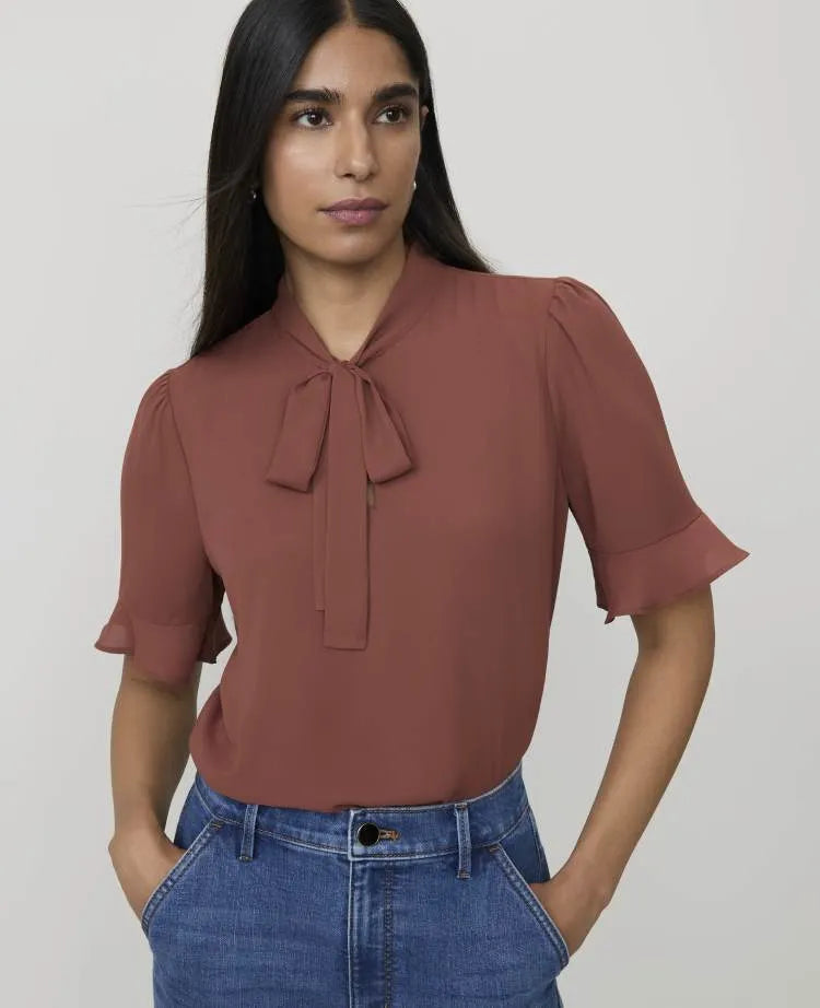 Petite Ruffle Trim Bow Blouse