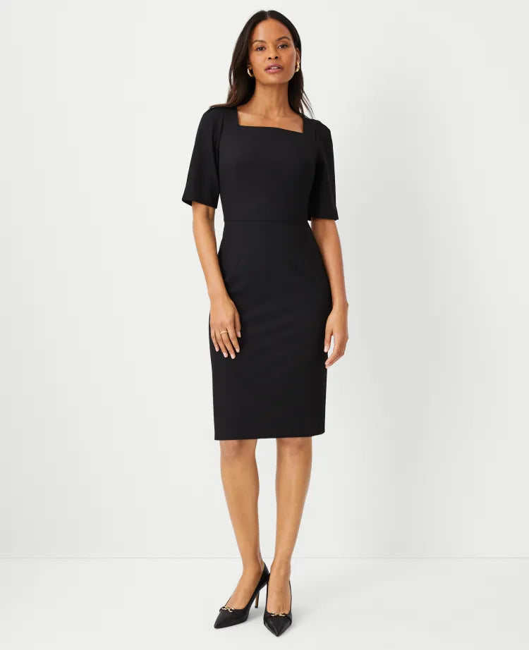 The Petite Elbow Sleeve Square Neck Dress in Seasonless Stretch — Curvy Fit