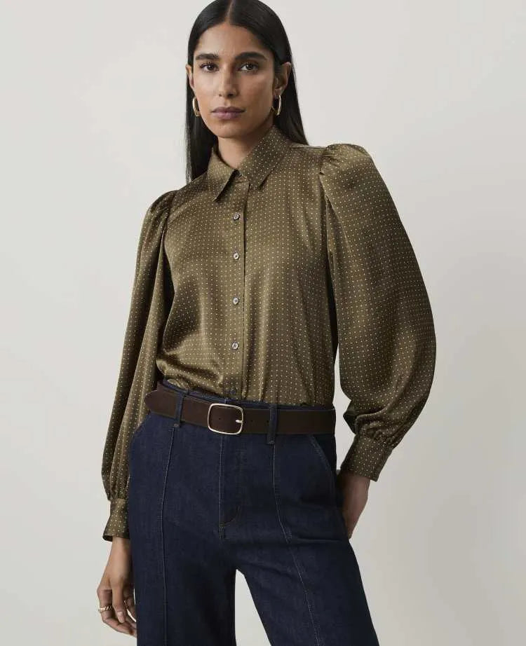 Petite Dotted Collared Blouson Sleeve Shirt