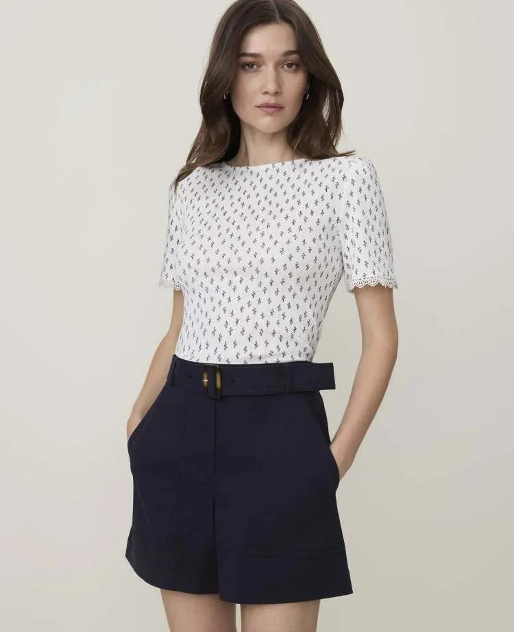 Petite Weekend Floral Lace Trim Pointelle Tee