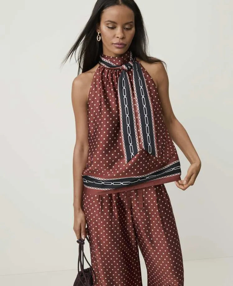 Geo Print Sleeveless Tie Neck Blouse