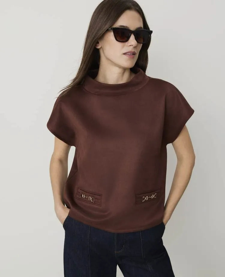 Petite Mock Neck Top in Faux Suede