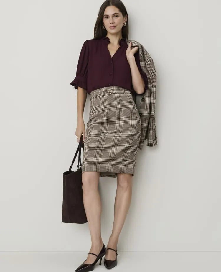 Plaid Belted Midi Pencil Skirt