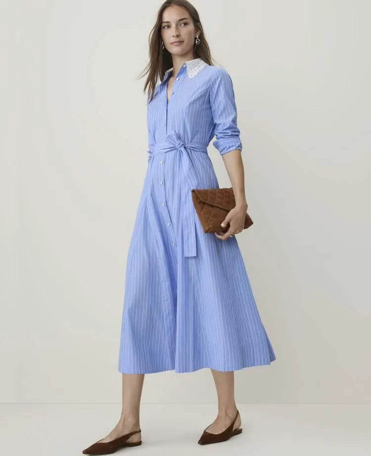 Petite Striped Lace Collar Midi Shirtdress