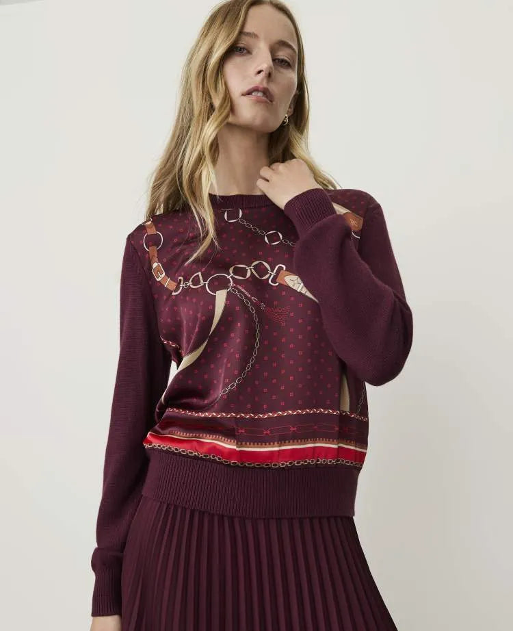 Printed Mixed Media Crew Neck Sweater