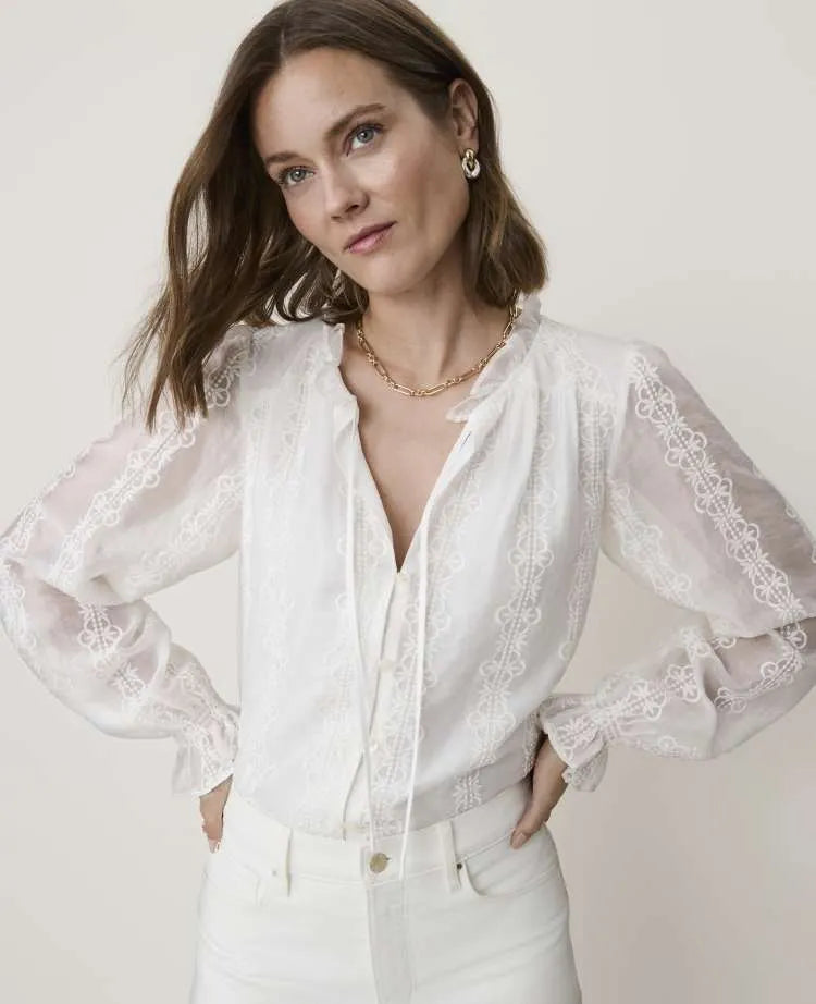 Petite Embroidered Blouson Sleeve Blouse