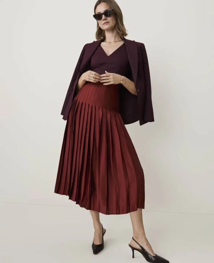 Petite Pleated Midi Skirt in Satin
