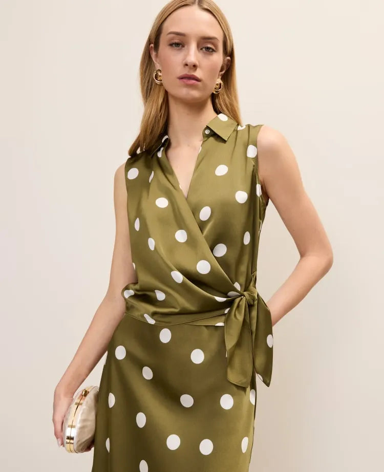 Petite Dotted Tie Waist Blouse in Satin