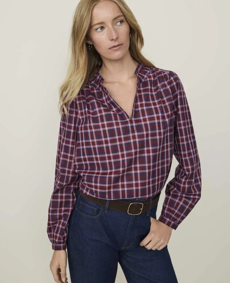 Petite Weekend Plaid Ruffle Collar Top