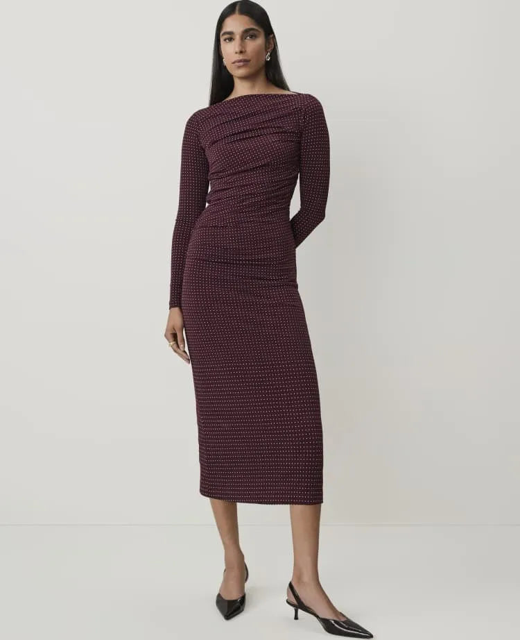 Petite Dotted Shirred Midi Dress