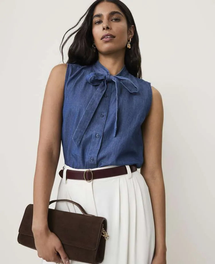Petite Sleeveless Bow Neck Blouse in Chambray