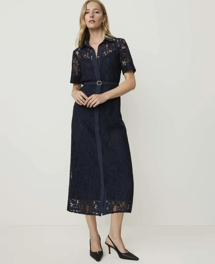 Petite Belted Lace Midi Shirtdress
