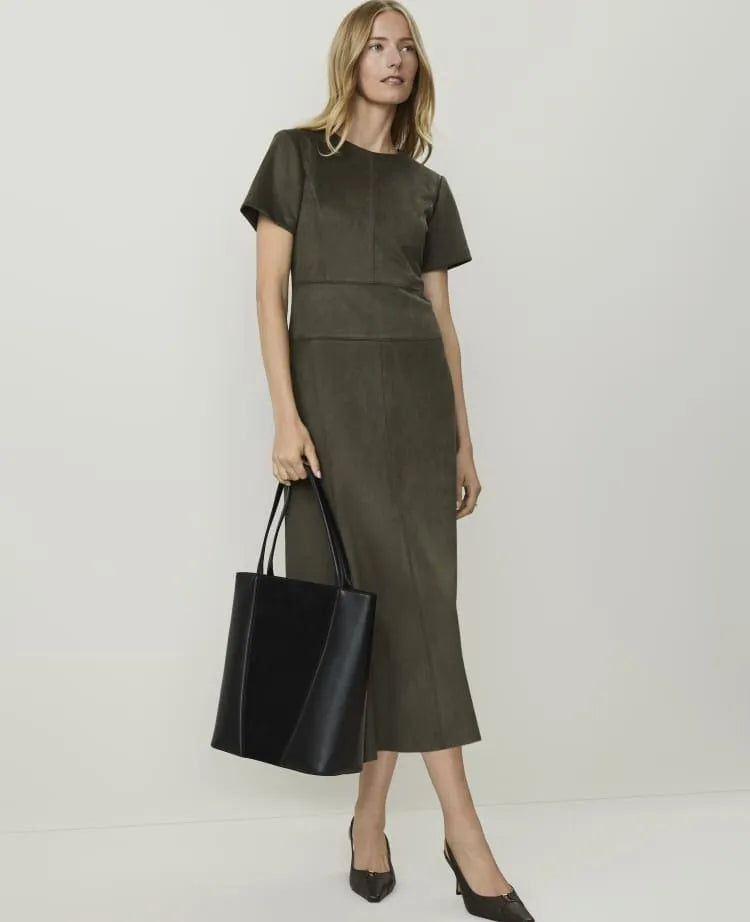 Seamed Crew Neck Midi Dress in Faux Suede