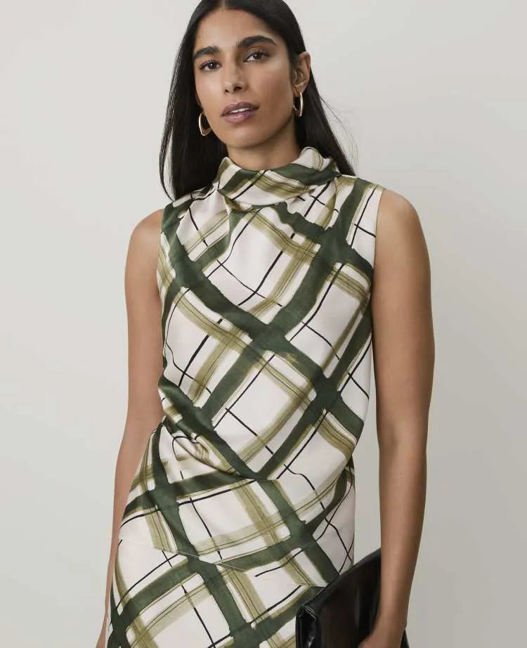 Plaid Draped Cowl Neck Top