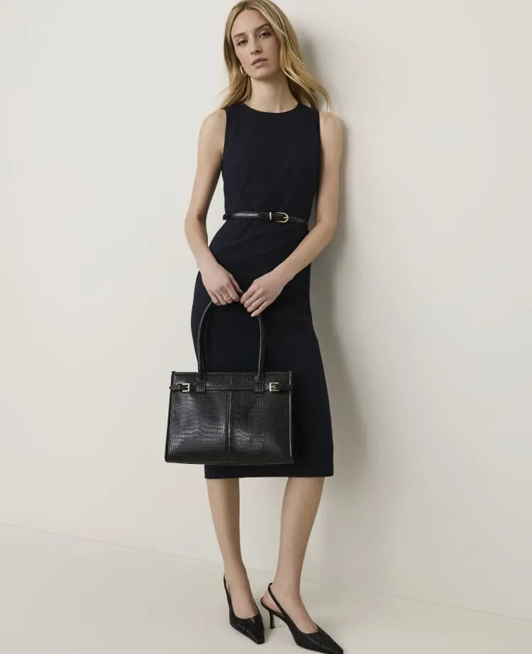 The Belted Crew Neck Sheath Dress in Seasonless Stretch