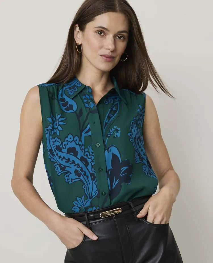 Petite Paisley Shirred Sleeveless Shirt