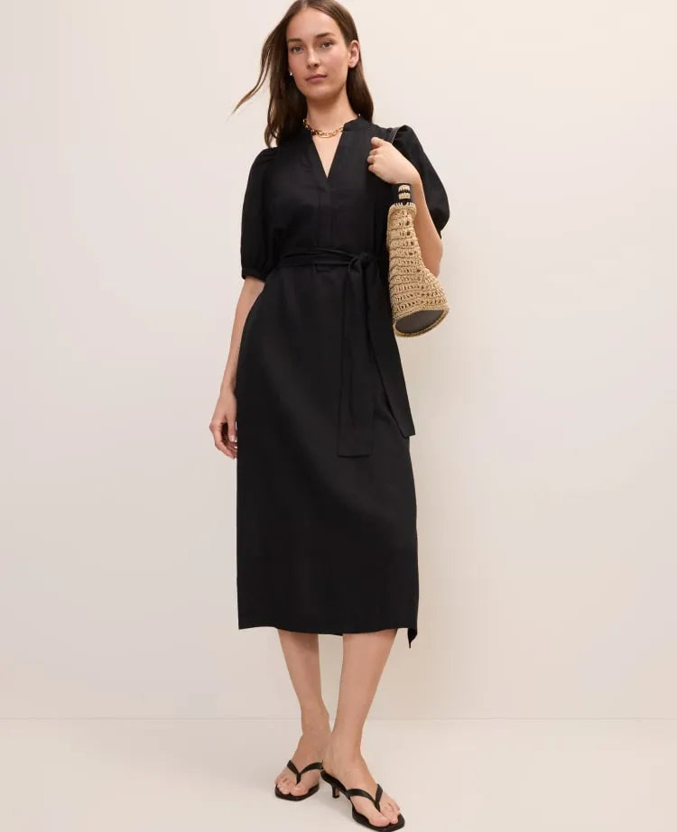 Puff Sleeve Midi Dress in Linen Blend