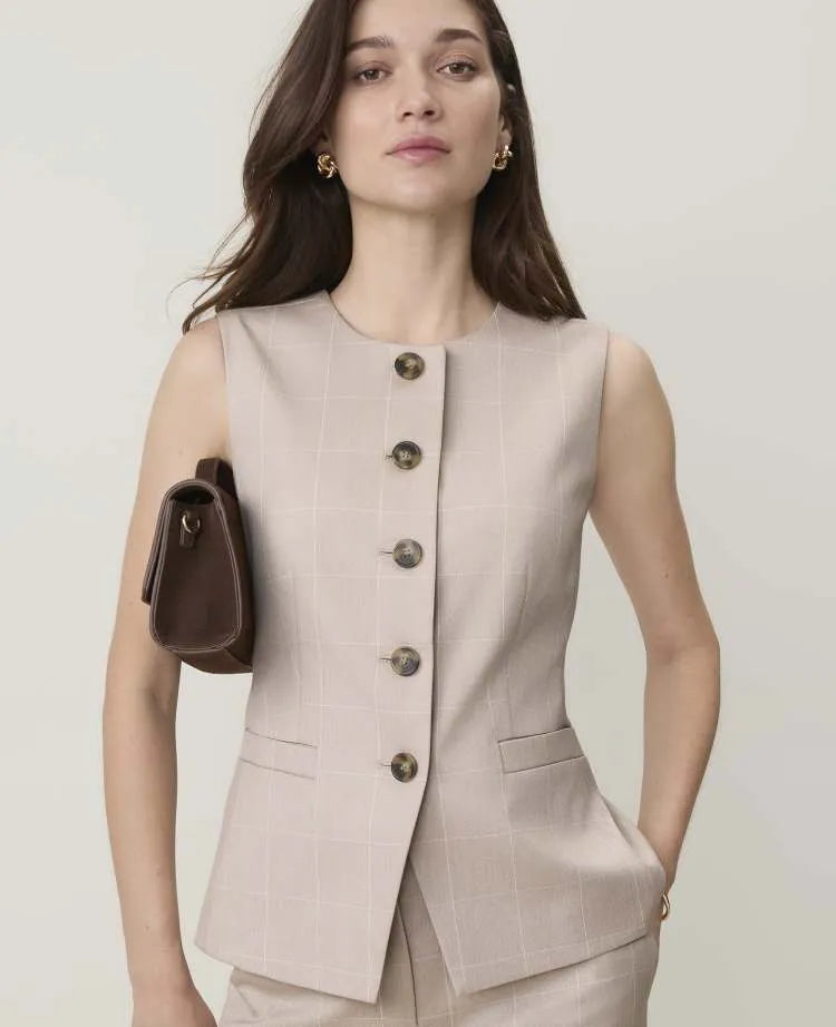 The Windowpane Long Crew Neck Vest in Classic Canvas