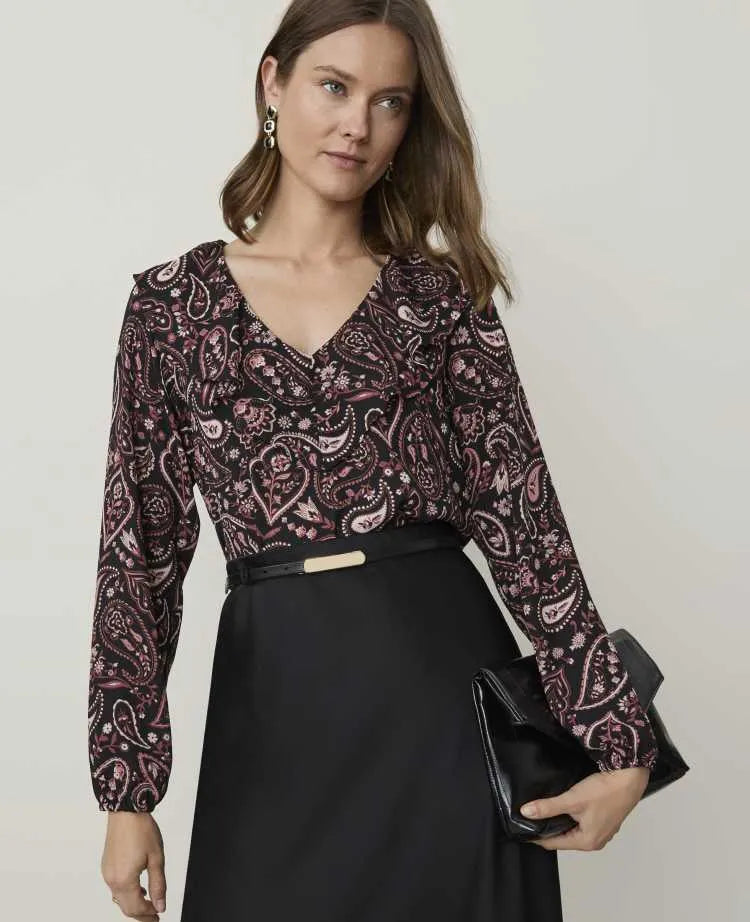 Petite Paisley Ruffle Trim Blouse