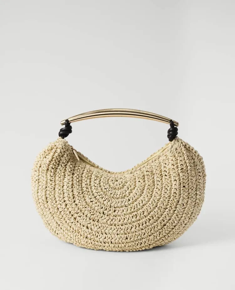 Hardware Embellished Straw Shoulder Bag