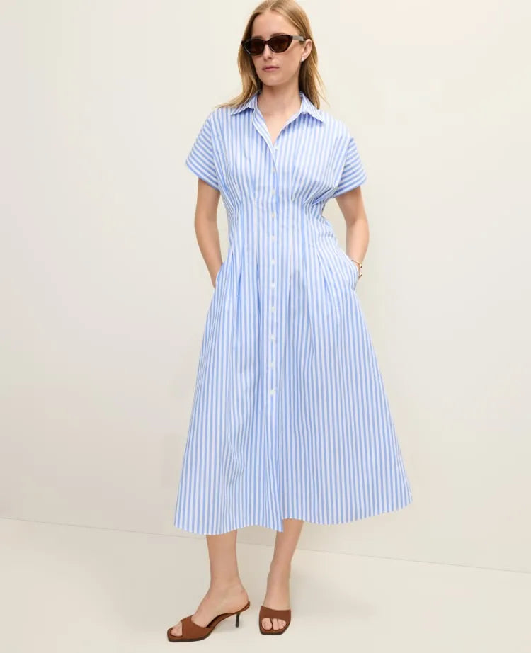 Weekend Striped Pleated Midi Shirtdress