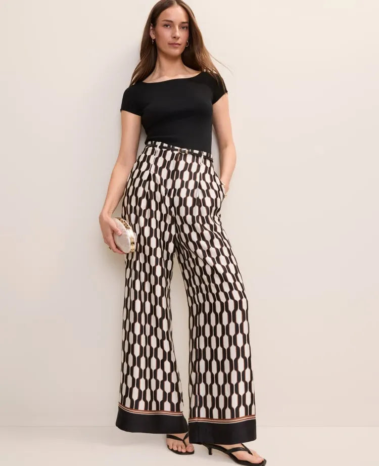 The Pleated Wide-Leg Pant in Geo Satin