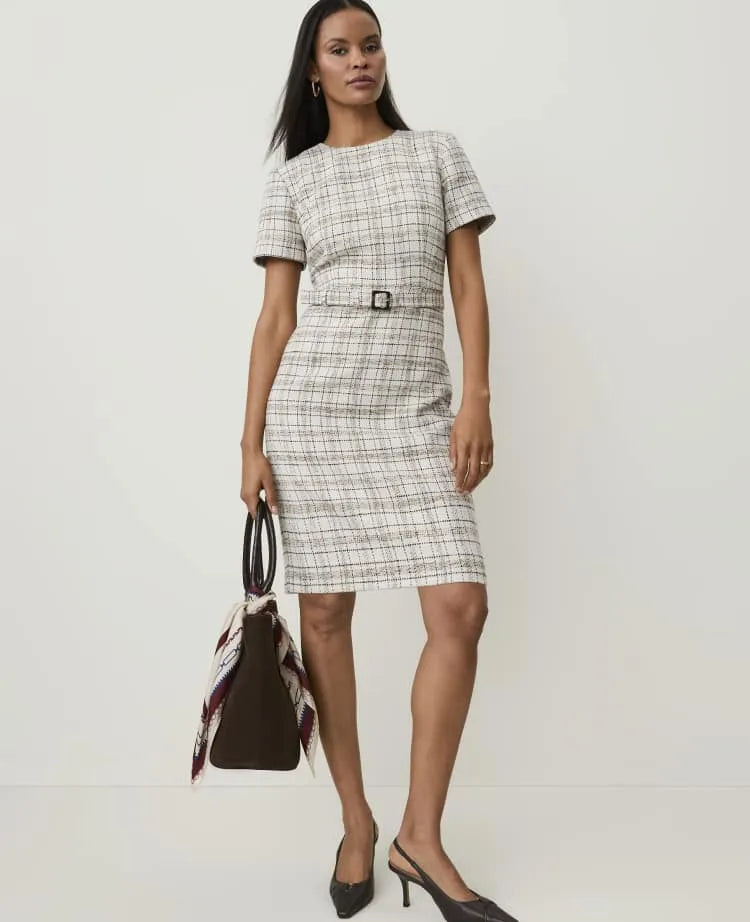 Belted Sheath Dress in Tweed