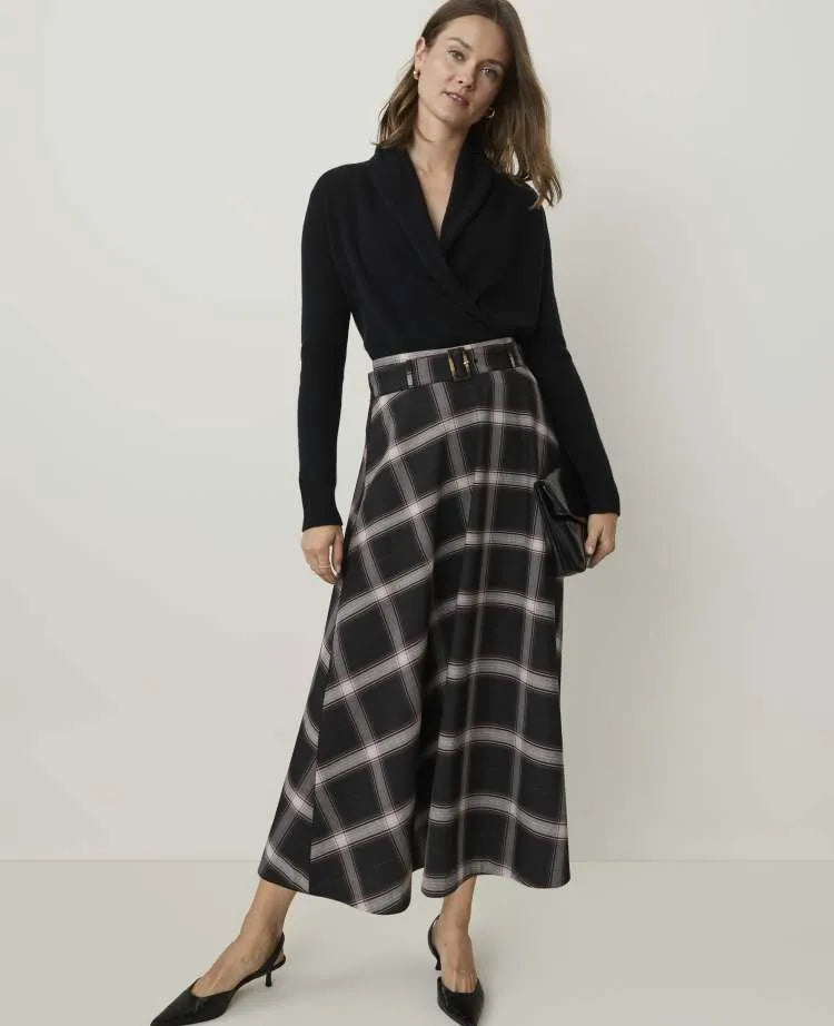 Plaid Belted Full Midi Skirt