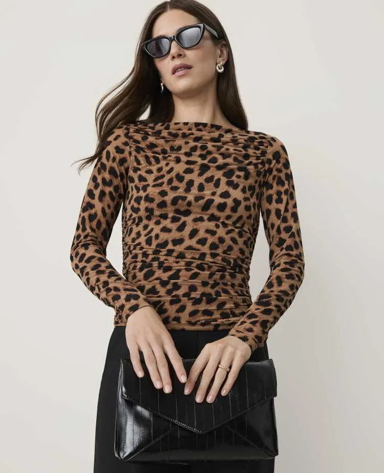 Animal Print Ruched Boatneck Top