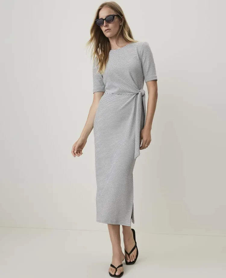 Petite Weekend Striped Tie Waist Midi Dress