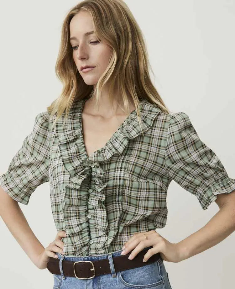 Petite Weekend Plaid Ruffle Trim Blouse