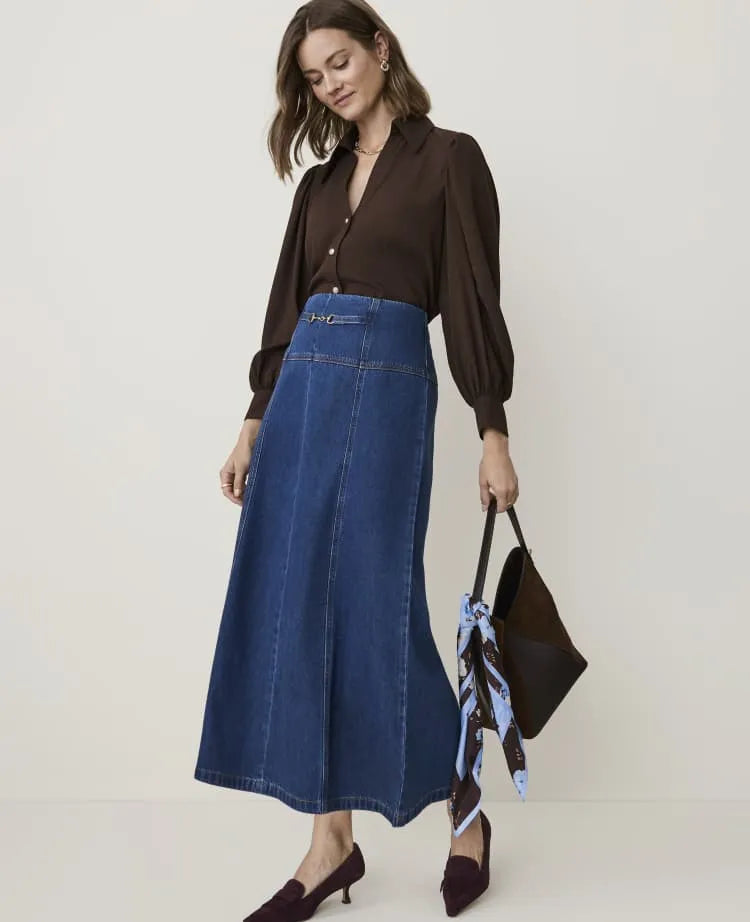 Horsebit Full Denim Skirt