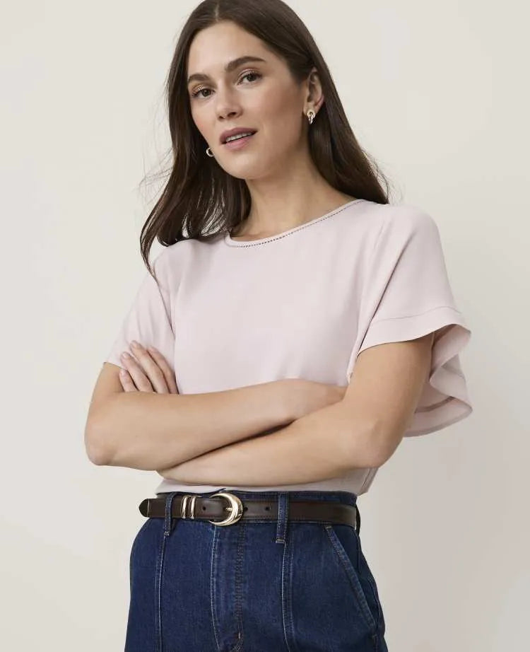 Petite Lace Trim Flutter Sleeve Top