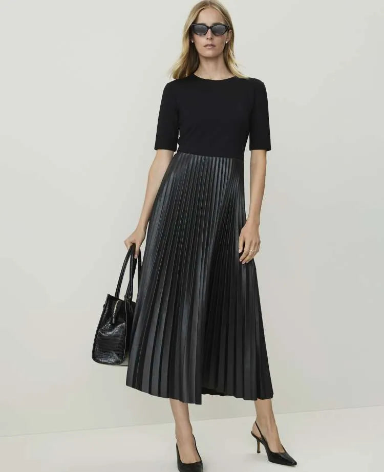 Pleated Midi Dress in Faux Leather