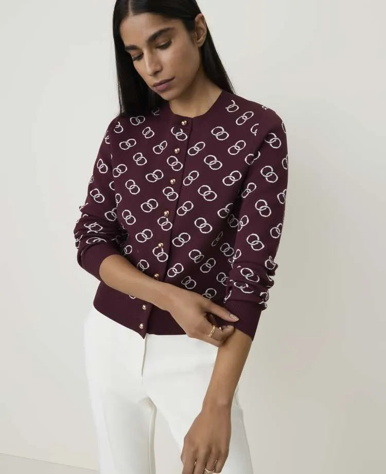 Petite Geo Print Crew Neck Cardigan