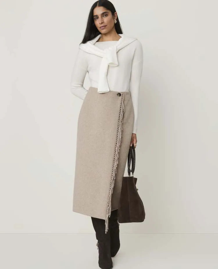 Petite Fringe Wrap Midi Skirt