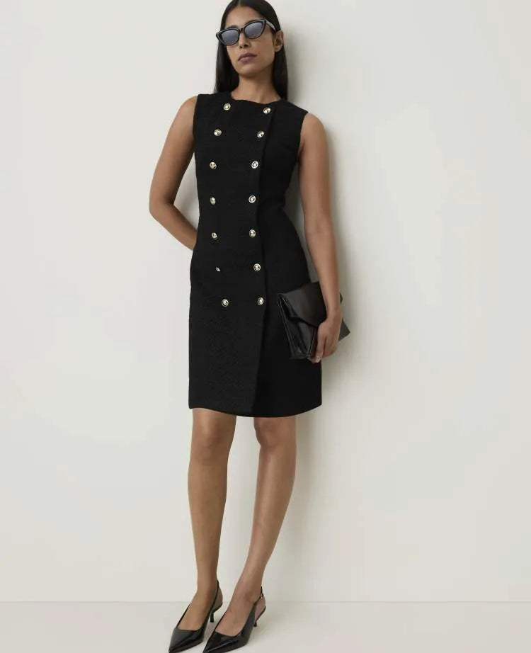 Petite Crew Neck Button Shift Dress in Tweed